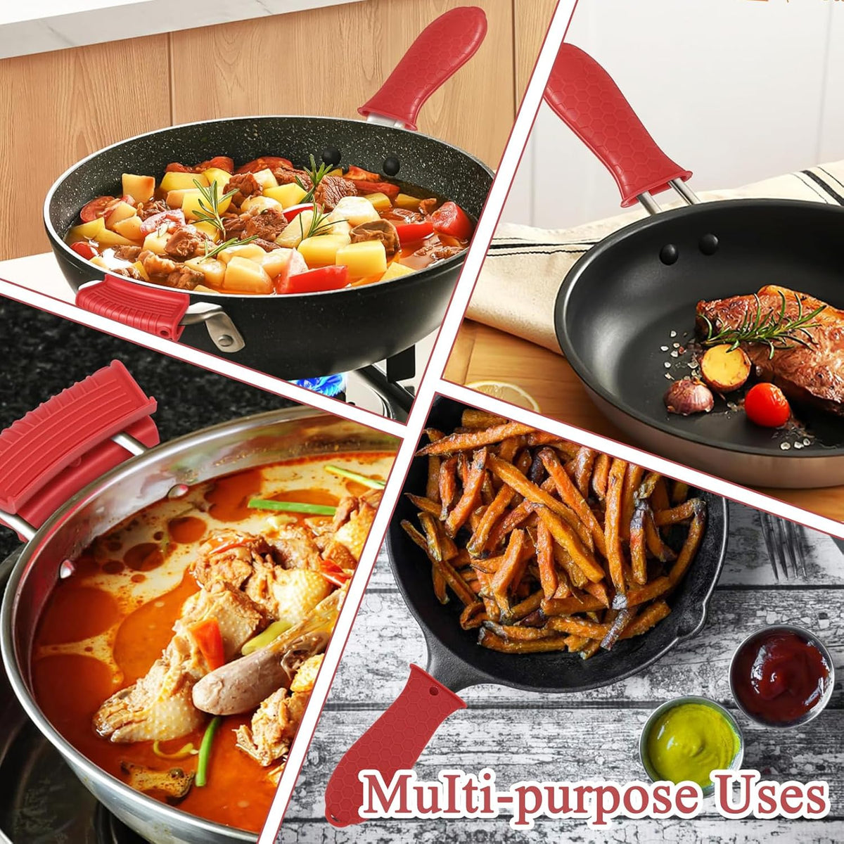 6 Pack Silicone Hot Handle Holder Cover, Heat Resistant Pot Handle Covers, Cast Iron Handles Cover for Frying Pans Skillet Griddles Cookware (Red)