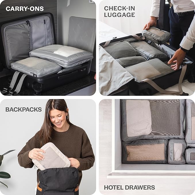 Aerotrunk Compression Packing Cubes for Travel - Luggage Organizer Bags - Double Zipper Packing Cubes for Suitcases (6-Pack, Olive)