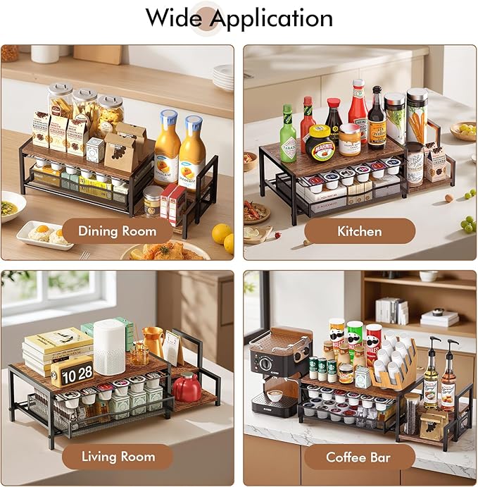 K Cup Holder, 2-Tier Coffee Pod Holder for 60 Pods, K Cup Drawer Organizer with Sliding Storage Drawer, Coffee Bar Station Organizer for Countertop, Space Saving, Home & Office, Brown