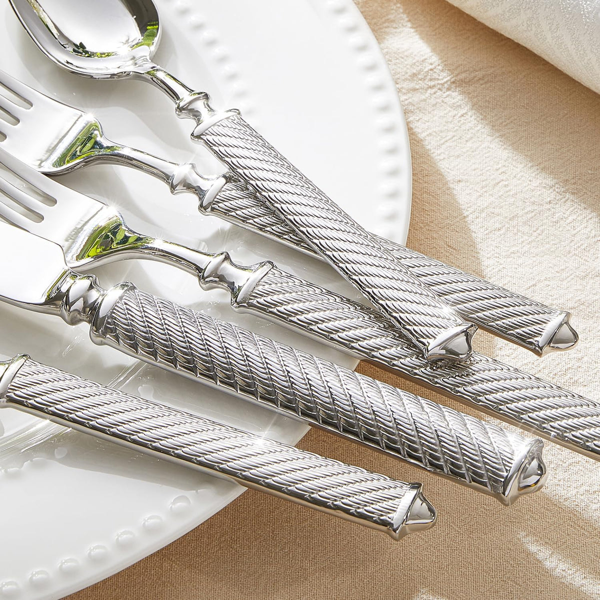 KINGSTONE Retro Rope-Pattern Silverware Set, 60-Piece Flatware Set Cutlery Set Forged with Handcrafted Texture Handles 18/10 Stainless Steel, Dishwasher Safe