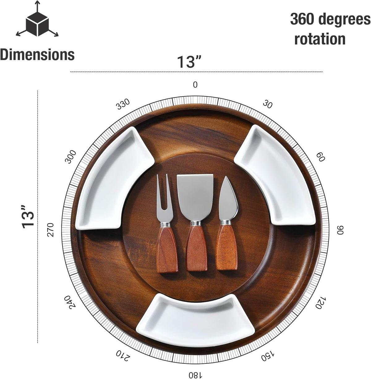Shanik Lazy Susan Table Top Cheeseboard- Acacia Wood Rotating Serving Platter for Cheese, Charcuterie, and Appetizers, Elegant Serving Tray for Snacks, Entertaining, Parties and Family Gatherings