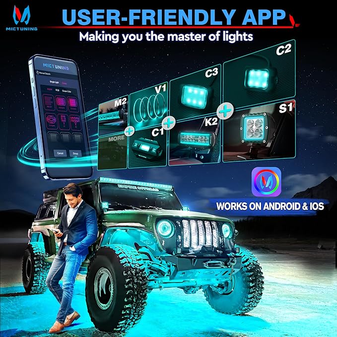 MICTUNING C2 Curved RGBW LED Rock Lights - 8 Pods Underglow Multicolor Neon Light with Wiring Switch Kit, Bluetooth Controller with APP Control