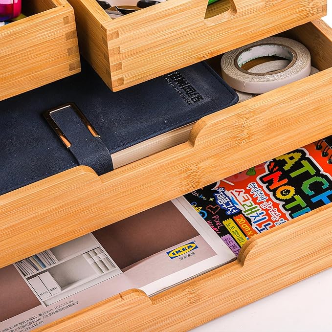 DEAYOU Bamboo Desk Organizer, 100% Natural Bamboo Desktop Drawer Organizer, Tabletop Storage Cabinet Organization Box with 4 Drawers for Makeup, Letter, Home Office Supplies, 3-Layer, Fully Assembled