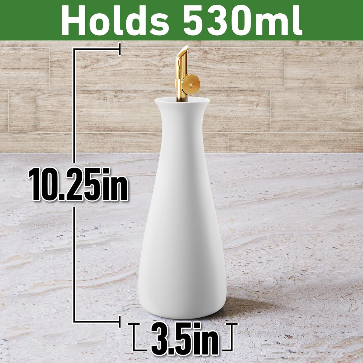 Ceramic Olive Oil Dispenser with Self-Closing Gold Spout - 530 ML Capacity Matte White Ceramic Oil Dispenser for Kitchen - Leak Proof EVOO Dispensing Bottle - Stylish, Ergonomic, Durable, Easy Pour