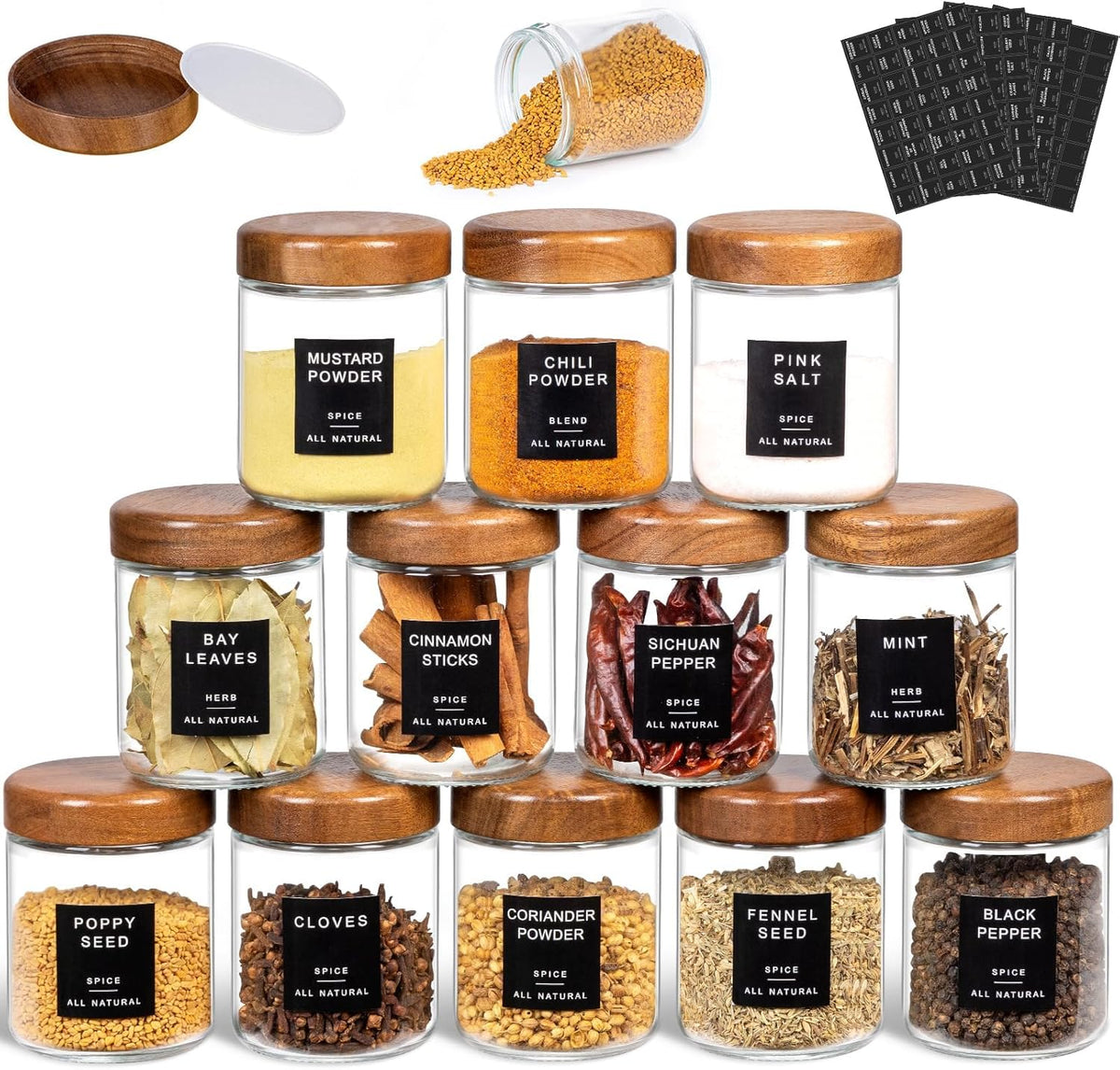 Yangbaga 12Pcs Glass Spice Jars with Labels-8oz Acacia Wood Lid Square Spice Containers,Seasoning Jars for Rack Cabinet Drawer,KitchenPantry Daily Use