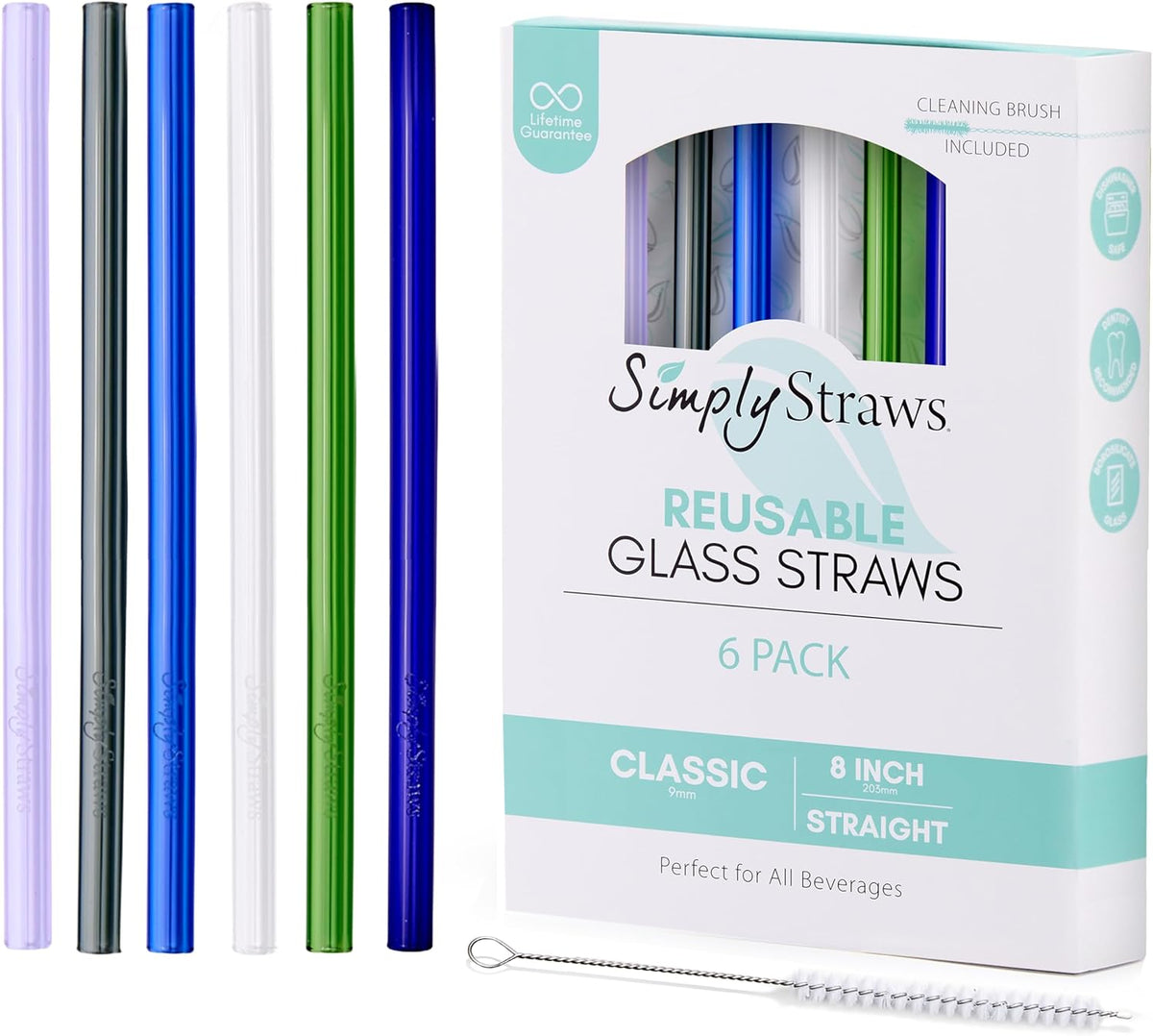 Simply Straws 8 Inch Glass Straws Straight (6-Pack) – Reusable Glass Straws for Pints & Juice Drinkware, with Cleaning Brush – Dishwasher Safe, Hot & Cold Use, BPA-Free (Seaglass)
