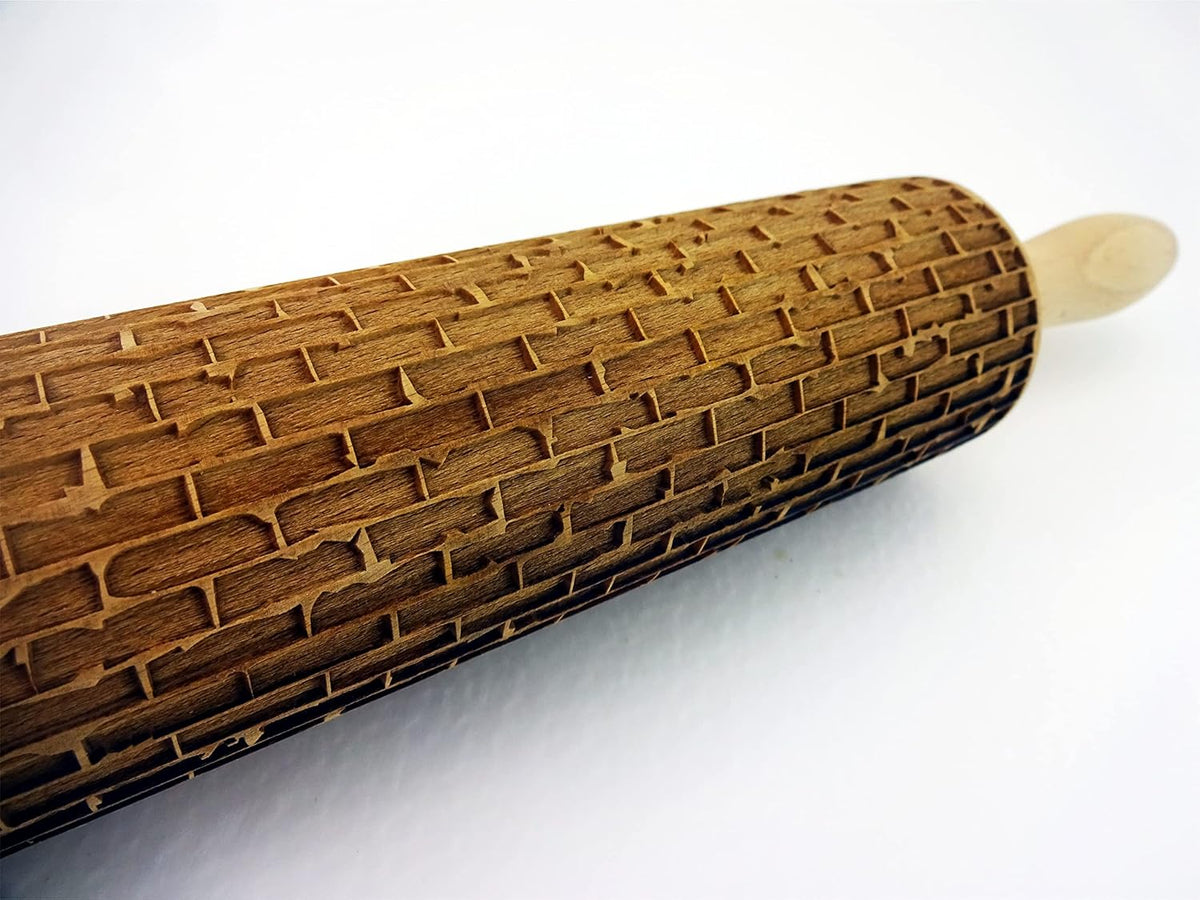 BRICKS Embossing Rolling Pin. Laser Engraved Dough Roller with Wall Pattern for Embossed Cookies or Pottery by Algis Crafts