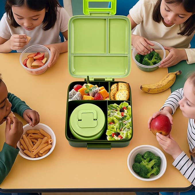 PIQUEBAR Bento Box for Kids with 8oz Soup Thermo Leak-Proof Lunch Box Food Containers with Snack Sauce Container for Kid Toddler Girls Boys to School, Forest Dinosaur