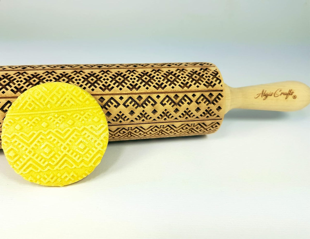 ETHNO RIBBON embossed rolling pin. Engraved dough roller with ethnical pattern for embossed cookies