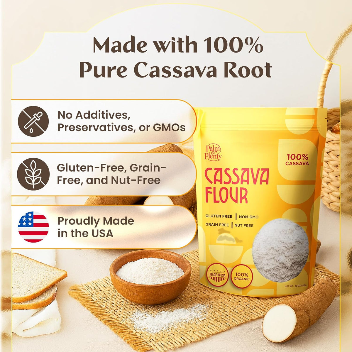 Palm & Plenty Natural Cassava Flour - Gluten Free, Grain Free, and Nut Free All Purpose Flour Alternative - Great for Tortillas, Pancakes, Pasta, and Baking - Non GMO Yuca Root-Based Flour - 2 lb Bag