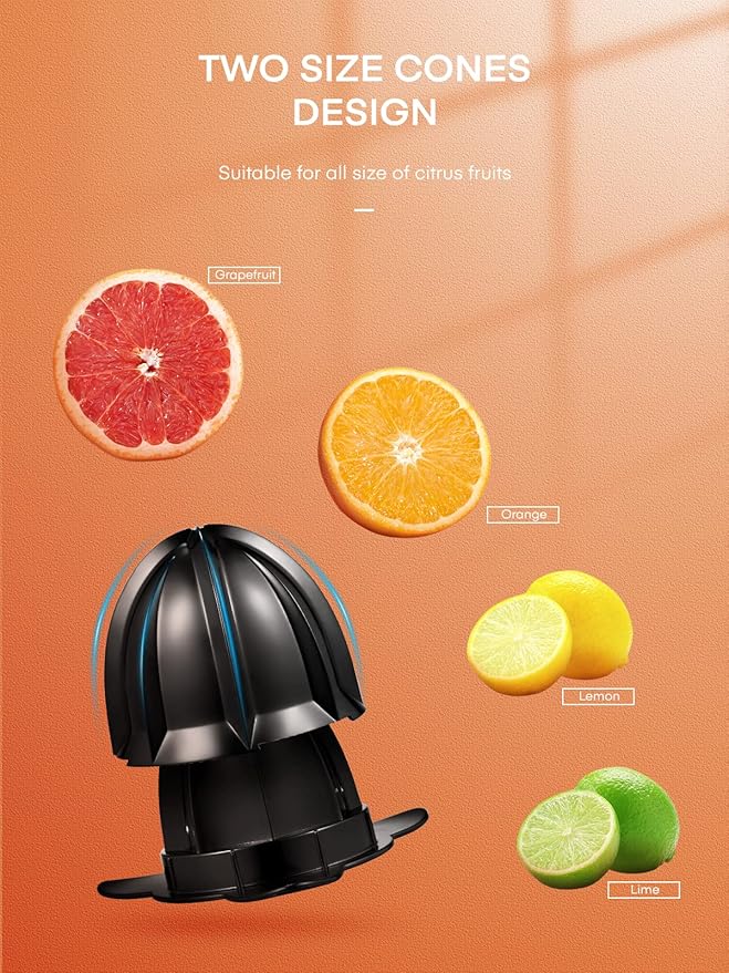 FOHERE Orange Juicer Squeezer Electric Citrus Juicer with Two Interchangeable Cones Suitable for orange, lemon and Grapefruit, Brushed Stainless Steel