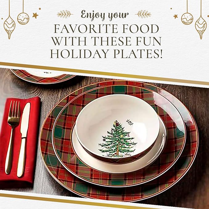 Spode Christmas Tree Tartan Dinner Plate, 10.5-Inch Festive Holiday Tableware, Colorful Christmas Dishes with Tartan Plaid Border, Fine Earthenware, Microwave & Dishwasher Safe Decorative Plate