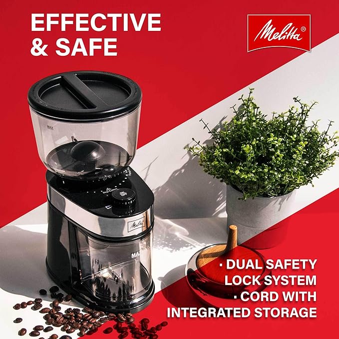 Melitta Molino Flat Burr Coffee Grinder | Whole Bean Grinder | Easy Clean & Assembly | Safety Lock Feature | with Cleaning Brush and Spoon Included |Capacity: 8 oz (225g) | 14 cups