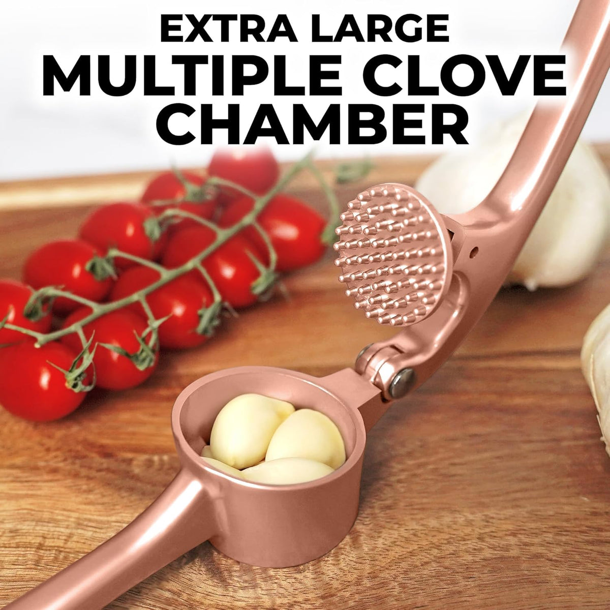 Zulay Kitchen Large Premium Garlic Press Set - Bigger Bowl for Bigger Garlic - Rust Proof & Dishwasher Safe Garlic Mincer Tool - Easy-Squeeze, Easy-Clean Silicone Garlic Peeler & Brush (Rose Gold)