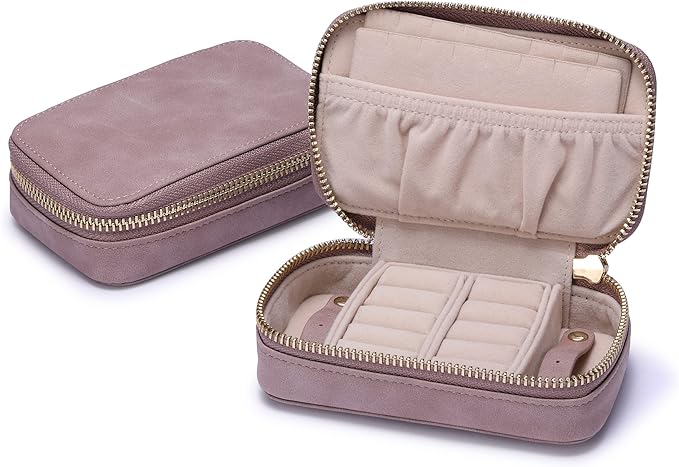 HISCOW Vegan Leather Travel Jewelry Case with Zipper - Portable Necklace & Earring Holder Organizer for Women Girls, Velvet-Lined Ring Box with Anti-Tarnish Design, Grayish Purple