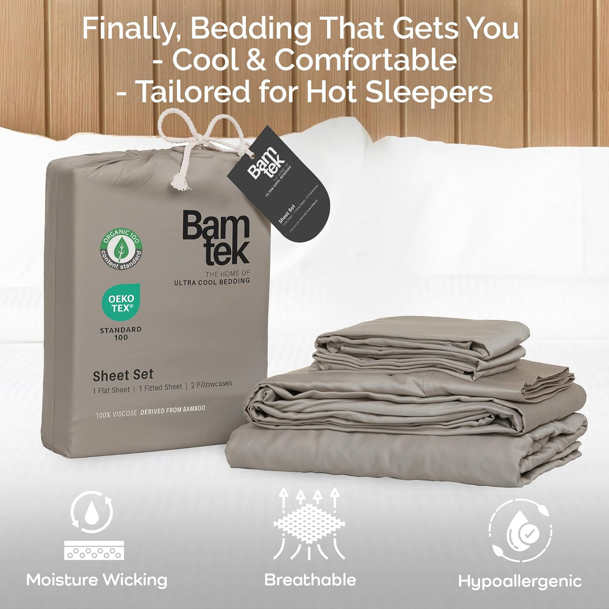 100% Viscose from Bamboo Sheets Queen Size, Super Soft Bedding Set, 4PC Cooling Sheets for Hot Sleepers, Vegan Silk Moisture Wicking, Organically Grown Bedsheet, Sand - 60" x 80"