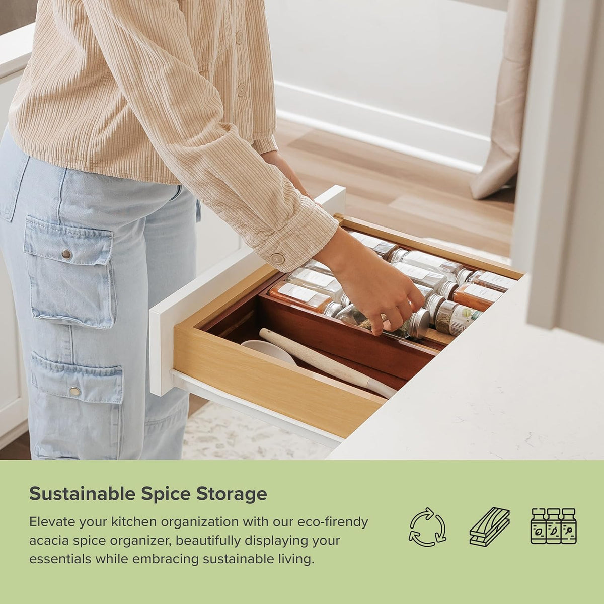 KitchenEdge Spice Drawer Organizer with Expandable Storage. Holds up to 15 Spice Jars (Not Included), Non-Slip Feet, Kitchen Accessory Storage, 100% Sustainable Bamboo Wood (Natural Acacia)