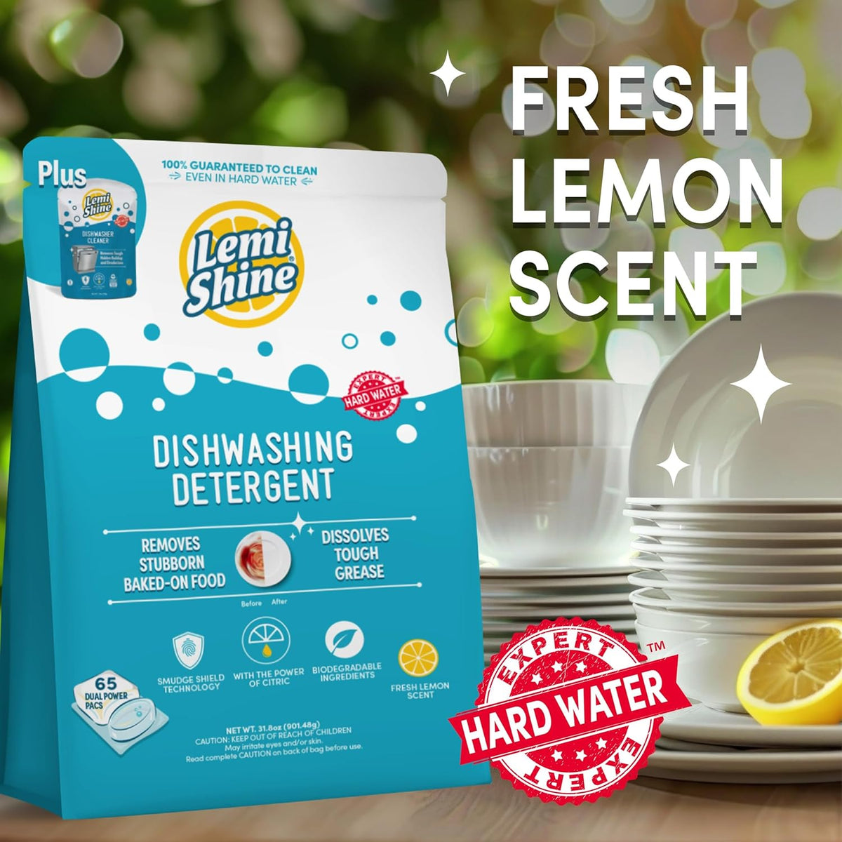 Lemi Shine Natural Dishwasher Detergent Pods + Dishwasher Cleaner 1 ct | All-In-One Powder & Gel Pods with Powerful Citric Acid | Eco Friendly Dish Wash Cleaning Supplies - 65 Count