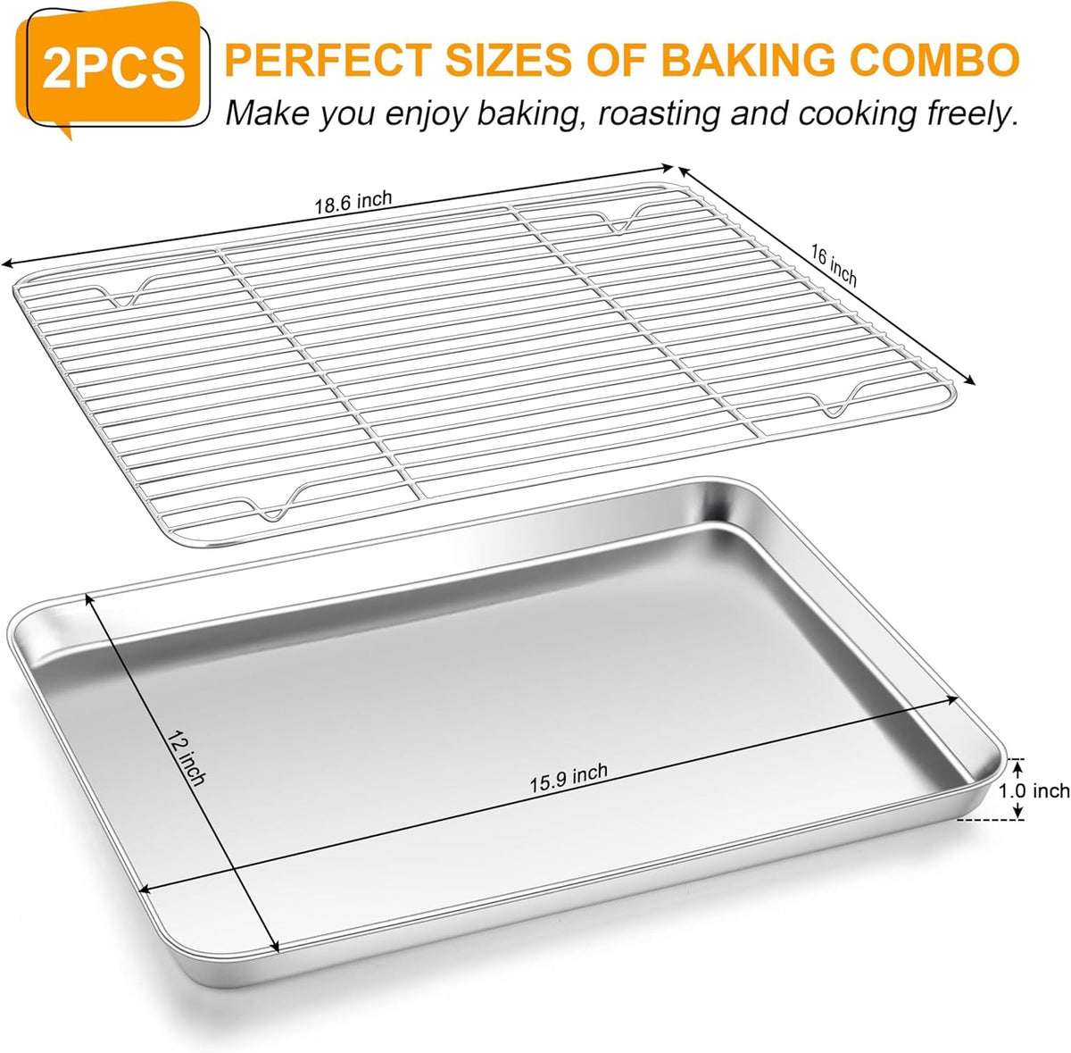 Homikit Baking Sheet with Wire Rack, 16" x 12" Stainless Steel Cookie Sheets for Baking, Thick Metal Baking Tray Jelly Roll Pan with Cooling Rack for Oven Roasting, Nonstick & Dishwasher Safe
