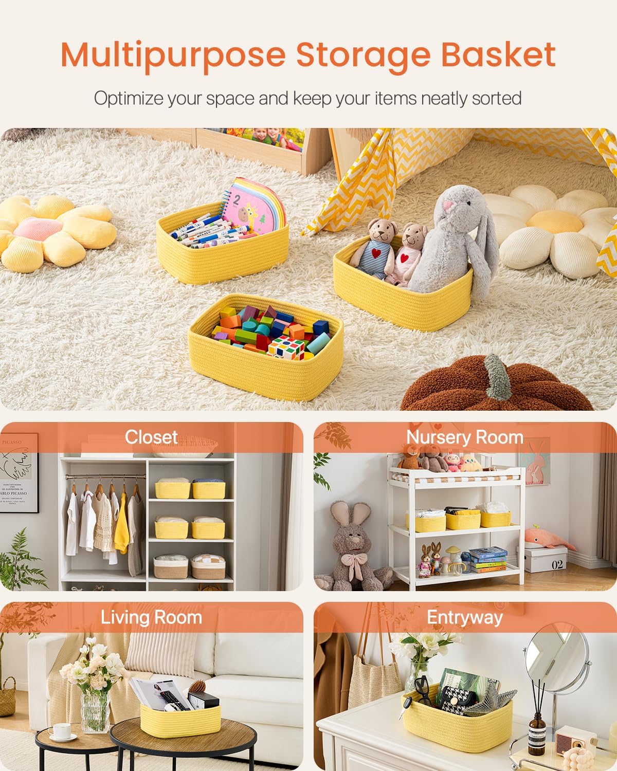Small Woven Basket, 12 x 8 x 4.5 Inches, Storage Basket for Organizing, Cute Small Rope Shelf Closet Cube Storage Bins Baskets for Shelves, Dog Toy Gift Baskets Empty, 3 Pack Yellow