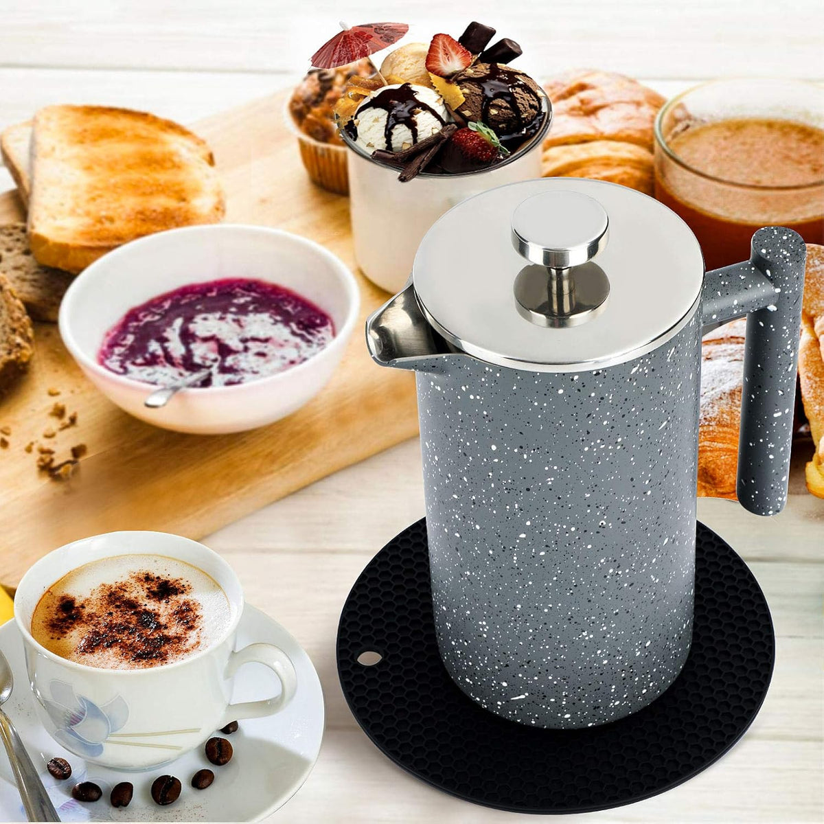 French Press Coffee Maker 34oz with Double-Insulated Stainless Steel Large Metal Coffee Press with 3 Layer Filtration System for Ultimate Coffee Tea Brewing in Travel Camping or Home