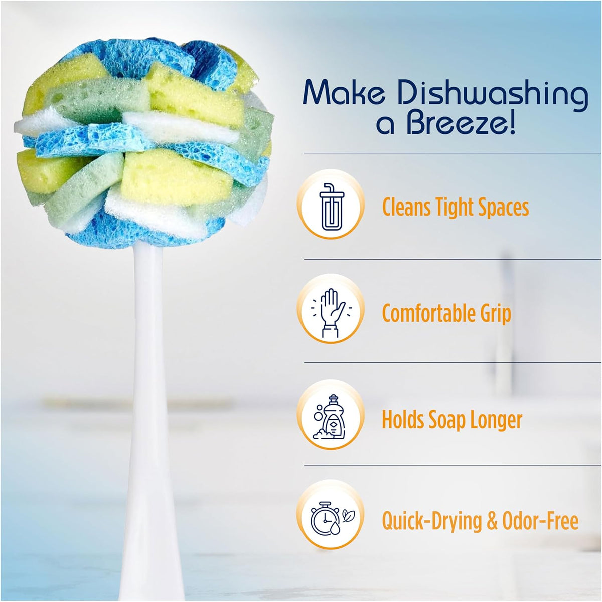 Compac Home Dish Wand Plus Cello, Foam & Scour Sponge Petals Brush and Clean Dishes, Pots, Bottles, & Glassware, 2 Count