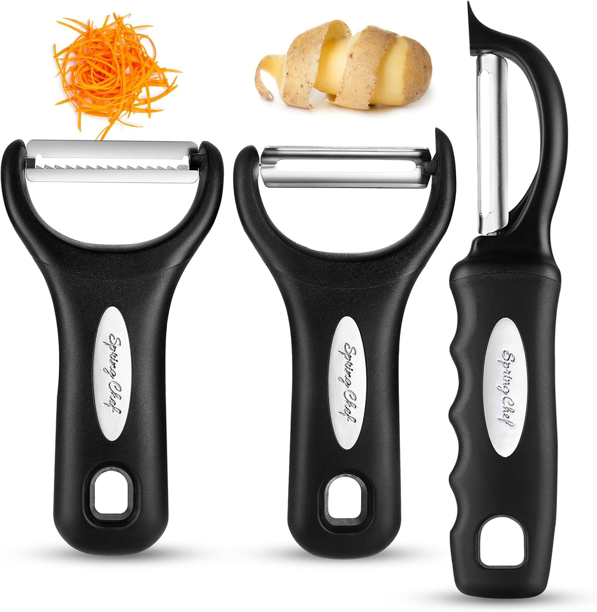 Spring Chef Stainless Steel Swivel, Y & Julienne Vegetable Peelers for Kitchen, Potato Peelers with Soft Grip Handles, Kitchen Utensils Set of 3 for Fruits, Veggies, Apple, Carrot, Cucumber - Black