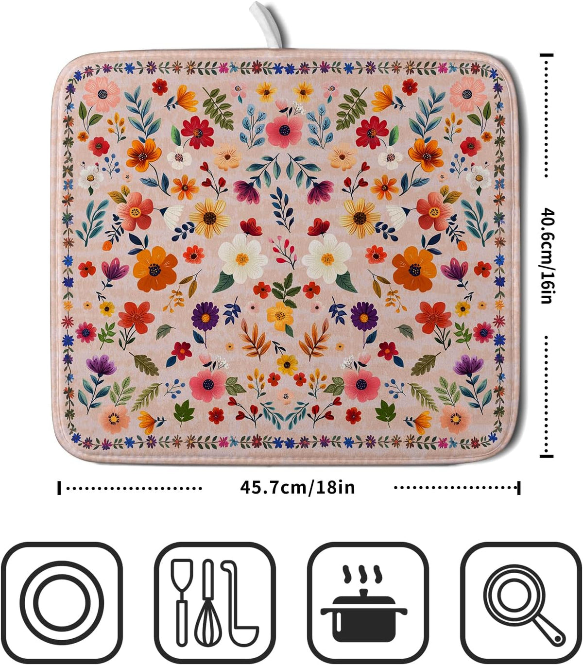 Boho Floral Dish Drying Mat - Pink Wildflower Absorbent Microfiber Kitchen Counter Pad for Home Coffee Bar Decor