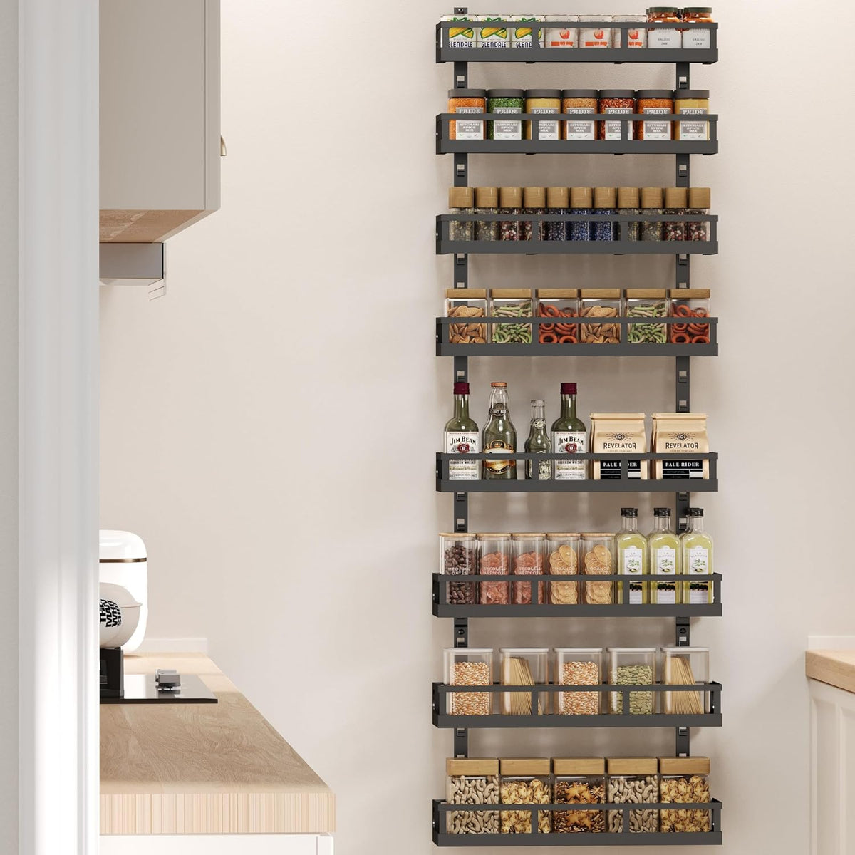 X-cosrack 8-Tier Adjustable Spice Rack – Wall-Mounted Space-Saving Organizer with Mixed Baskets, Large-Capacity Seasoning Holder for Kitchen & Pantry (Black)