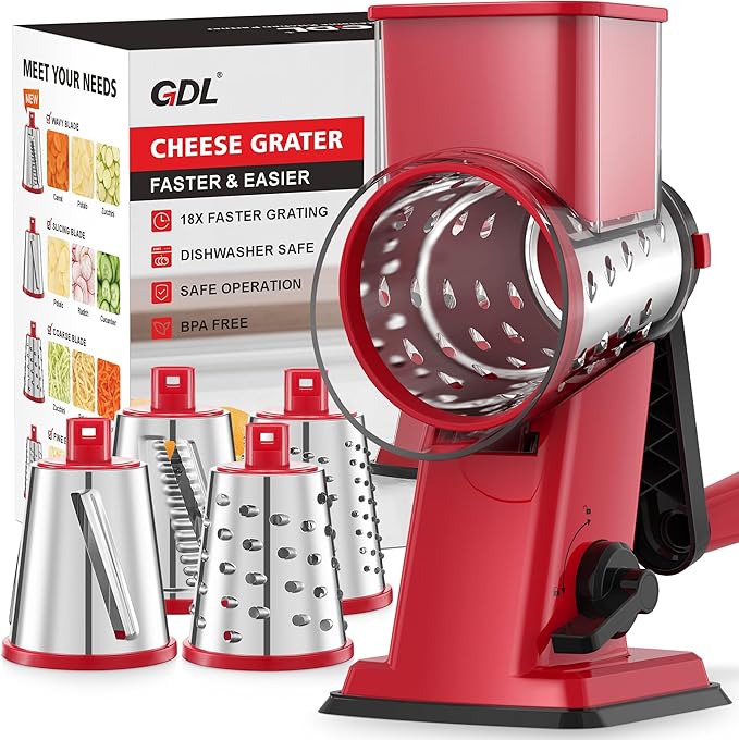 GDL Rotary Cheese Grater Hand Crank - Upgraded Cheese Shredder with 4 Interchangeable Blades, Rotary Grater with Non-slip Suction Base, Easy to Clean Kitchen Grater Slicer Grinder for Vegetable Nuts