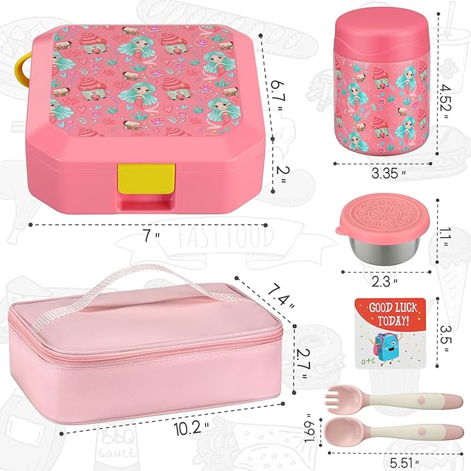 Itslife Bento Lunch Box Set for Kids with 12oz Soup Thermo&Lunch Bag, Leak-Proof Lunch Food Containers for Kids School, 5 Compartment, Sauce Cup, 10 Notes (Mermaids Pink)