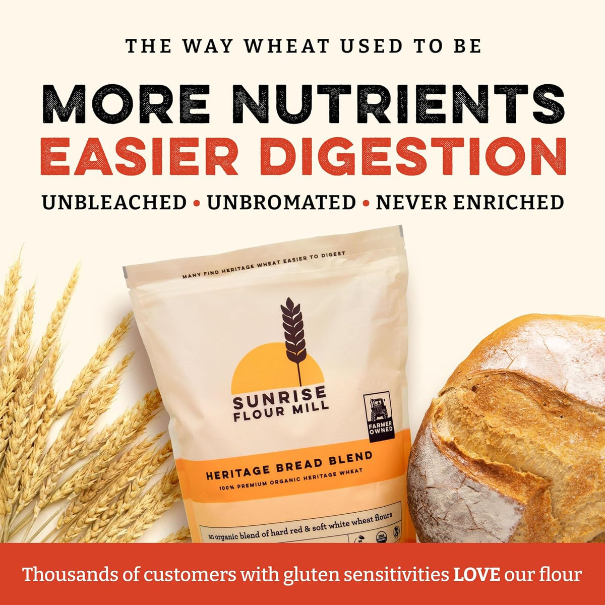 Sunrise Flour Mill Heritage Organic Bread Flour Blend - 2.0 lbs | Organic Unbleached Bread Flour Easy to Digest with Less Bloating | High Protein for Superior Baking | Smooth, Nutty Flavor