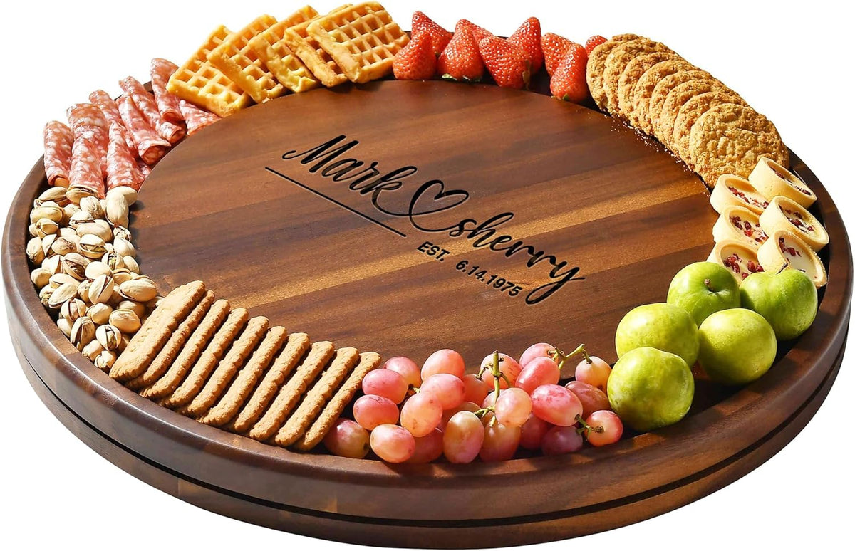 Shanik Acacia Wood Rotating Cheese Board – Lazy Susan Charcuterie Platter for Serving Cheese, Meats, Crackers, and Appetizers