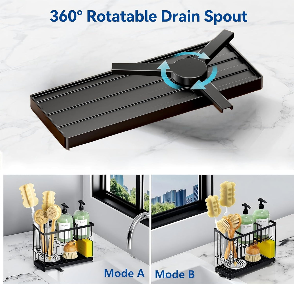Sponge Holder for Kitchen Sink, 2 Tier Sink Caddy Organizer with Brush Holder, Non-Slip Stainless Steel Kitchen Countertop Organizers and Storage, Soap Dispenser Organize with 360°Drain Tray