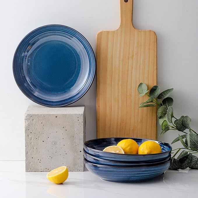 Hasense Pasta Bowls Set of 2, 8.7 Inch Ceramic Salad Serving Bowls for Kitchen, 32 Ounce Shallow Bowls for Pasta Soup Salad Dinner, Microwave Dishwasher Safe, Navy Blue