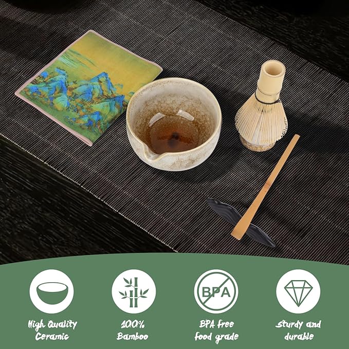 Matcha Whisk Set, 7Pcs Matcha Set Kit include Matcha Bowl, Matcha Whisk and Holder, Bamboo Scoop, Scoop Rest, Sifter and Tea Towel, Matcha Whisk and Bowl Set for Matcha Lovers and Beginers