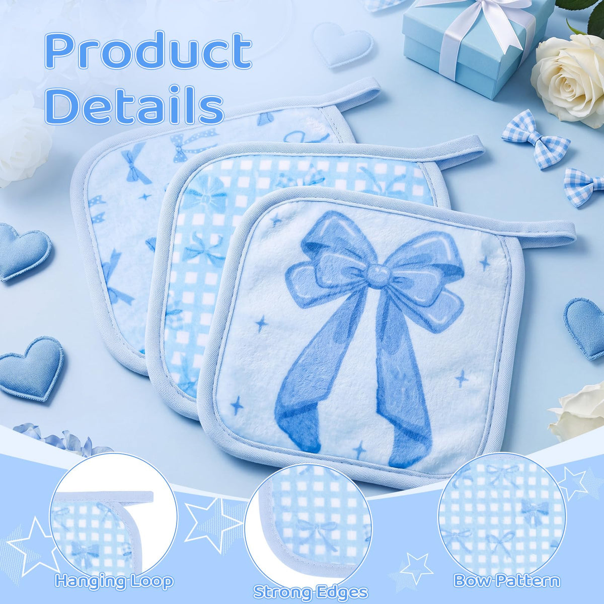 Chicplaid 24 Pcs Blue Bow Party Favor Makeup Remover Cloth 6" x 6" Towels Reusable Coquette Blue Bow Remover Face Pads Soft Microfiber Washcloths Facial Cloths Makeup Towel Gift for Women