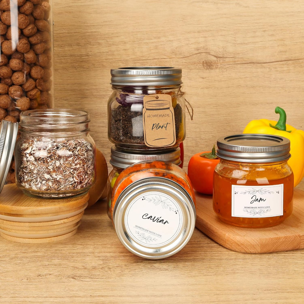 Eathtek Small Mason Jars 8oz/240ml with Regular Lids, 6 Pack Glass Canning Jars With Labels, Mini Glass Jars for Jam Jelly Spice Honey Herbs, Wedding Shower Favors Food Storage Candle Jars