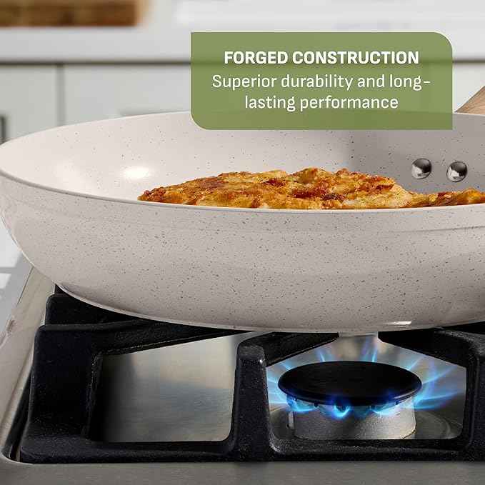 T-Fal Revive Ceramic Nonstick Cookware Set, Oven Safe Up to 350ºF, 12-Piece, Includes Stockpot, Saucepan, Skillet, Frying Pans, Utensils, Ceramic Pots and Pans Set, Beige Granite