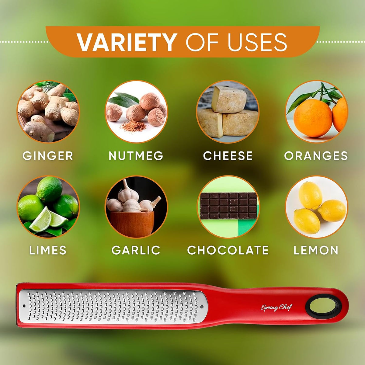Spring Chef Premium Red Lemon Zester Grater with Handle - Fruit, Garlic, Citrus, Nutmeg, Orange Zester Tool - Heavy Duty Kitchen Shredder - Stainless Steel Ginger Grater with Blade Cover - Fine Shred
