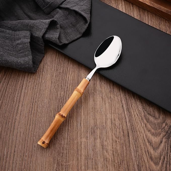 8-Piece Bamboo Handle Dinner Spoon Set, Stainless Steel Spoons for Kitchen Home and Restaurant, Mirror Polished, 8.03 inch