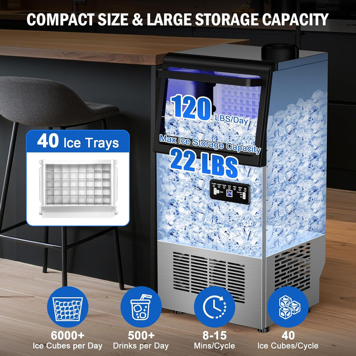 Commercial Ice Maker Machine 120 LBS/24H, 40 Ice Trays Freestanding & Undercounter Ice Machine Stainless Steel with 20 LBS Ice Storage Capacity, Ice Maker with Water Line and Filter, Dual Water Inlet