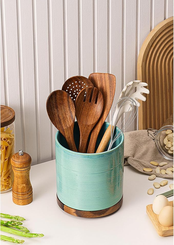 Utensil Holder, 360° Rotating Extra Large Ceramic Kitchen Utensil Holder for Countertop, Cooking Utensil Crocks for Counter with Rotatable Wooden Base, Farmhouse Kitchen Decor, Green