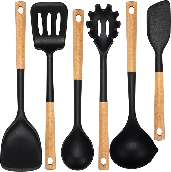 Kitchen Utensils Set, Large Non-stick Silicone Cooking Utensils Set 6 Pcs, Wooden Handle Heat Resistance Silicone Spatula Soup Ladle Pasta Server Kitchen Gadgets Utensils Set BPA Free (Black)