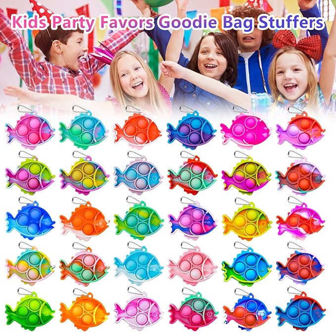 Pop Fidget Toys Bulk Its Party Favors for Kids 30 PCS Cute Fish Mini Pop Keychain It Sensory Fidget Toy Pack Fidgets for Classroom Prizes for Students Kids Carnival Prizes Birthday Goodie Bag Stuffers