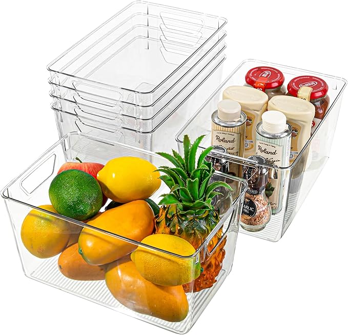 Attelite Clear Plastic Storage Bins,Large 6 Pack Pantry Organizer with Handle,BPA Free Plastic Storage Containers for Fridge,Closet,Bathroom,Under Sink and Kitchen Organization