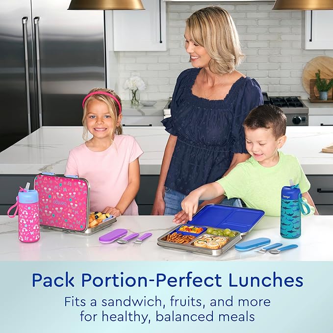 Bentgo Kids Stainless Steel Prints Leak-Resistant Lunch Box - 3-Compartments with Bonus Silicone Container, Durable, Eco-Friendly, Dishwasher Safe, BPA-Free, Ideal for School, Ages 3+ (Shark)