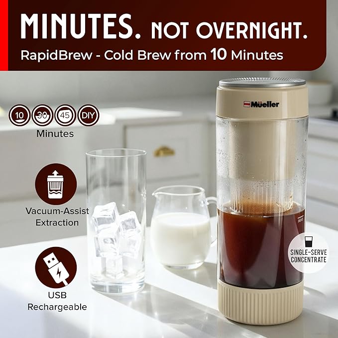 Mueller RapidBrew Cold Brew Coffee Maker – 10 Min Fast Brew Portable Rechargeable Cold Brew Pitcher Machine for Coffee & Tea – Adjustable Strength 10-99 Min – 20 Servings Per Charge, Cappuccino Beige