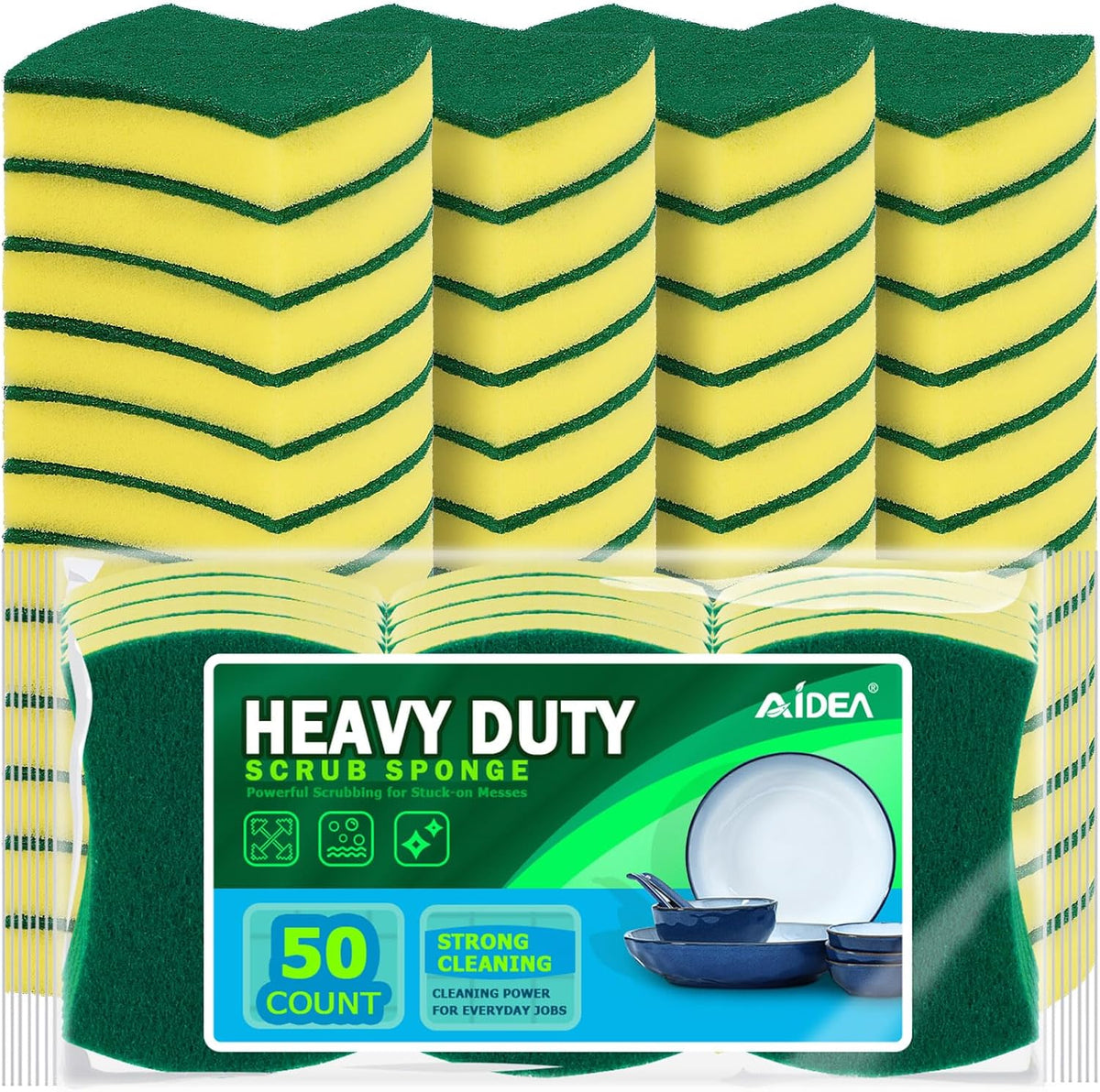 AIDEA Sponges Kitchen, 50 Pack Heavy Duty Dish Sponge, Cleaning Dish Scrubber Sponge for Home and Kitchen, Stink-Free Cleaning Supplies for Pots, Pans