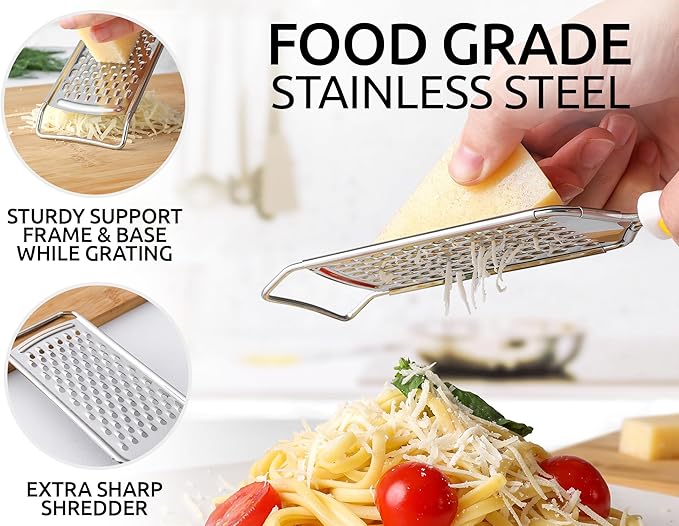 Zulay Kitchen Professional Cheese Grater Stainless Steel - Durable Rust-Proof Metal Lemon Zester Grater With Handle - Flat Handheld Shredder for Parmesan, Chocolate, Spices, And More - Yellow